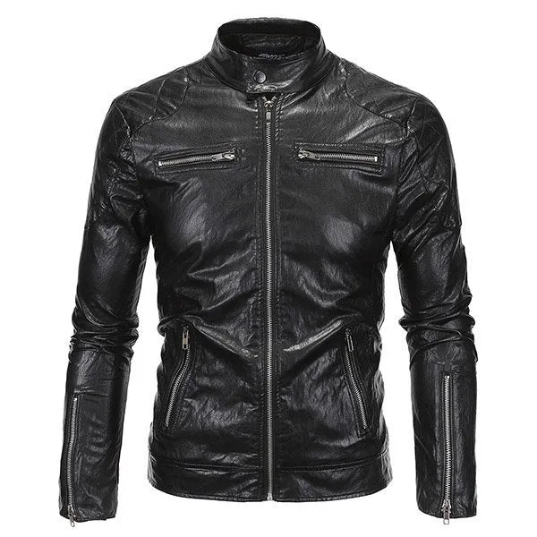 Mens Fashion PU Leather Stand Collar Zipper Fly Motorcycle Punk Style Cool Jacket