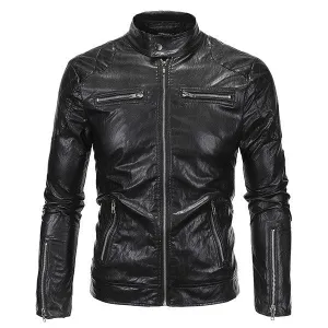 Mens Fashion PU Leather Stand Collar Zipper Fly Motorcycle Punk Style Cool Jacket