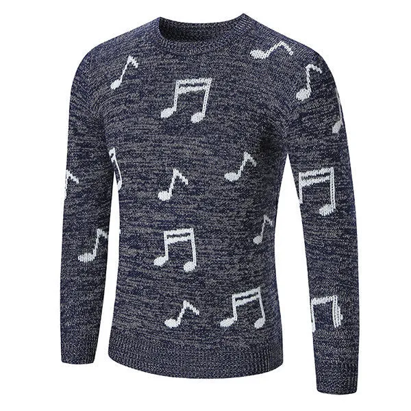 Mens Musical Note Pattern Pullover Crew Neck Wool Casual Sweater