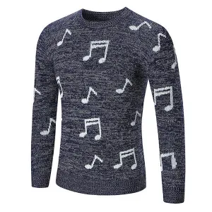 Mens Musical Note Pattern Pullover Crew Neck Wool Casual Sweater