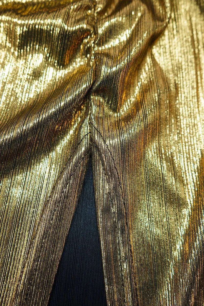 Metallic V Neck Sleeveless Backless Split Maxi Dress