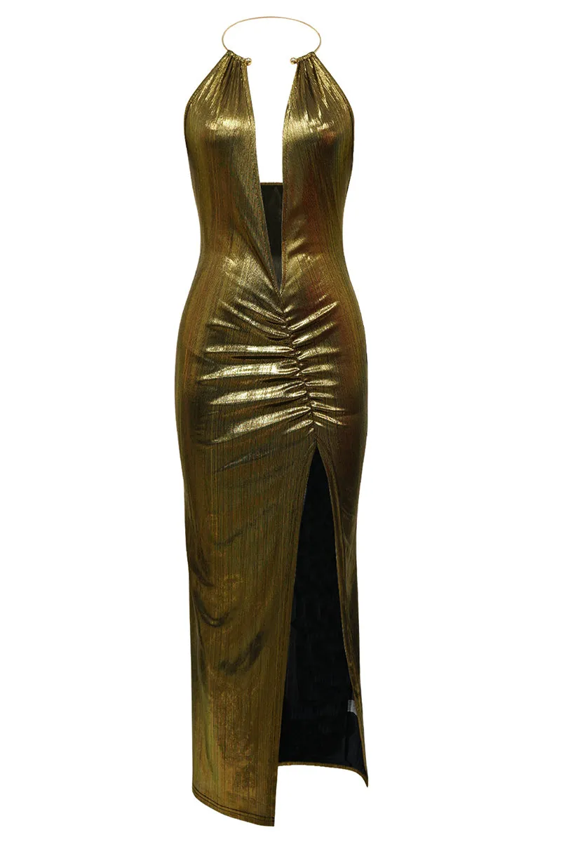 Metallic V Neck Sleeveless Backless Split Maxi Dress