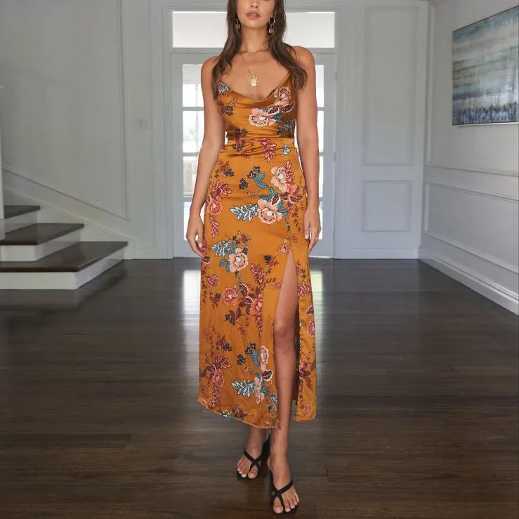 Retro fashion suspender slit dress