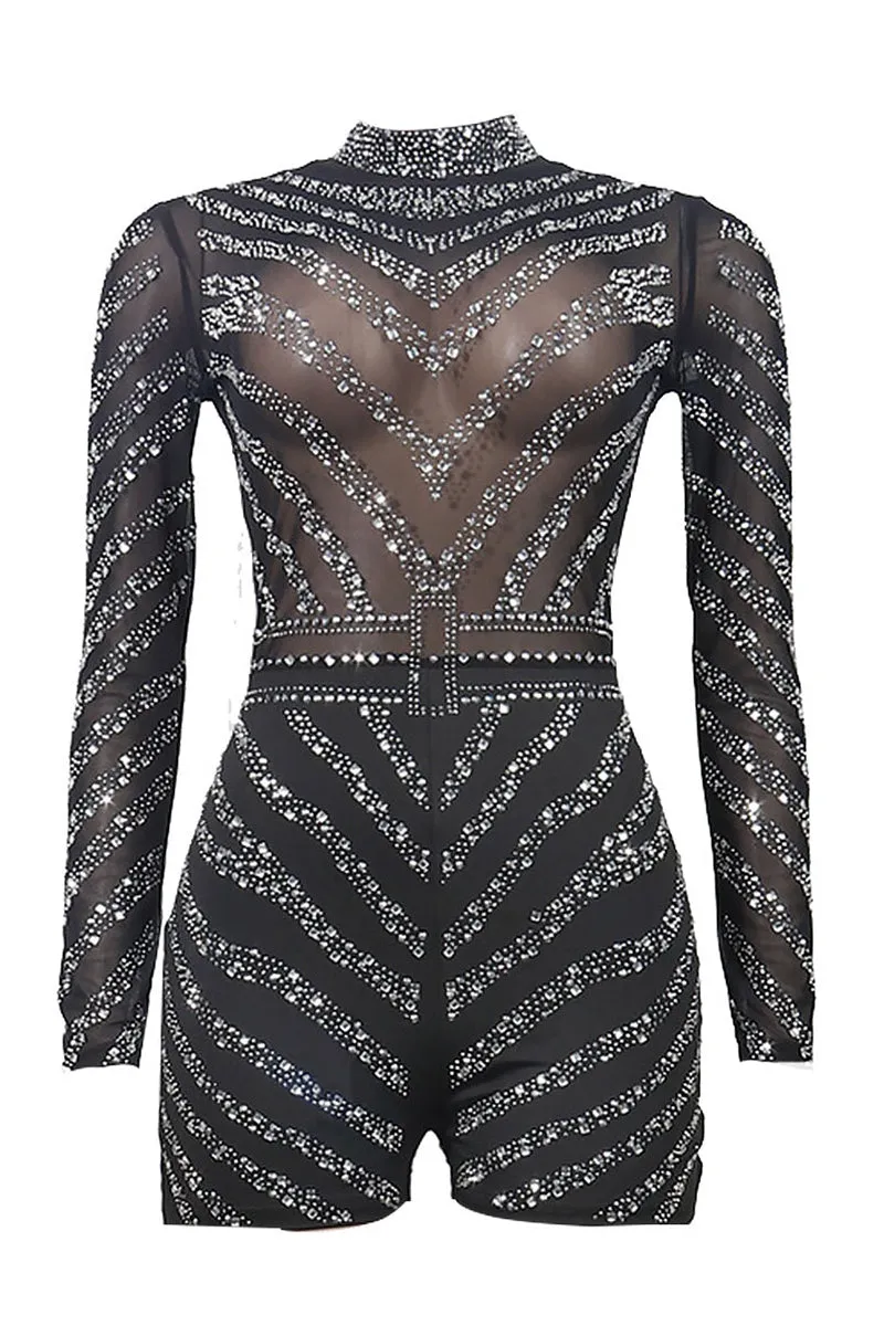 See Through Rhinestone High Neck Long Sleeve Romper