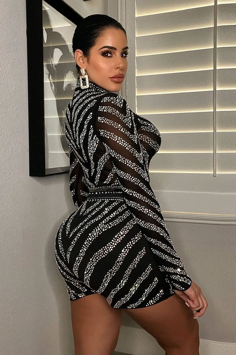 See Through Rhinestone High Neck Long Sleeve Romper