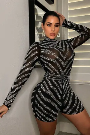 See Through Rhinestone High Neck Long Sleeve Romper