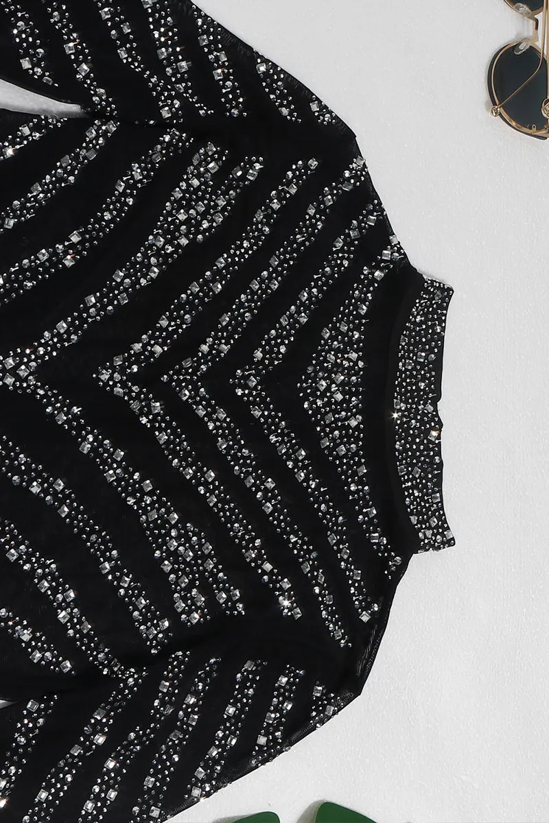 See Through Rhinestone High Neck Long Sleeve Romper