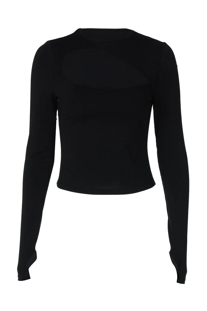Solid Round Neck Cutout Long Sleeve T Shirt