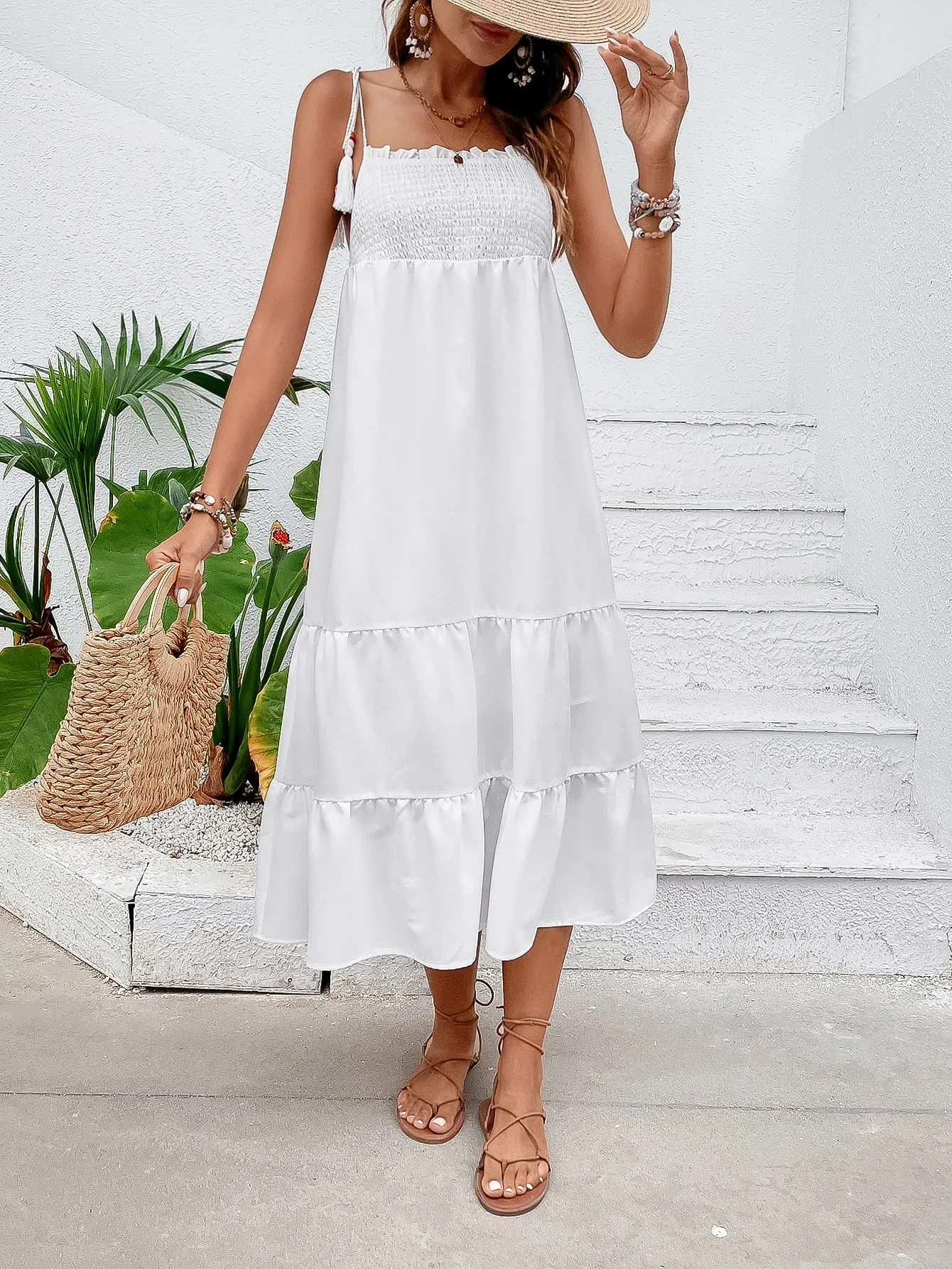Tie-Shoulder Smocked Tiered Dress