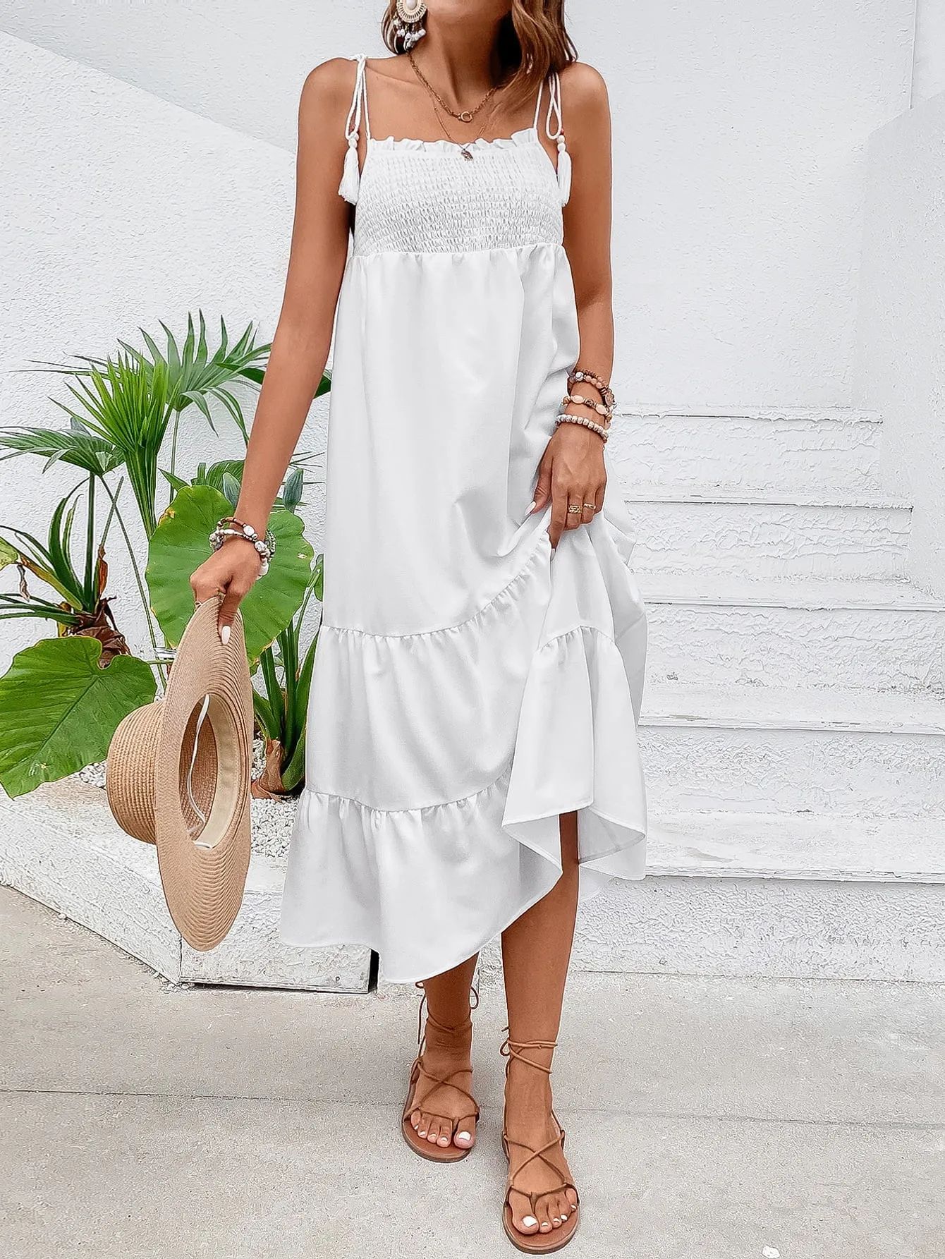 Tie-Shoulder Smocked Tiered Dress