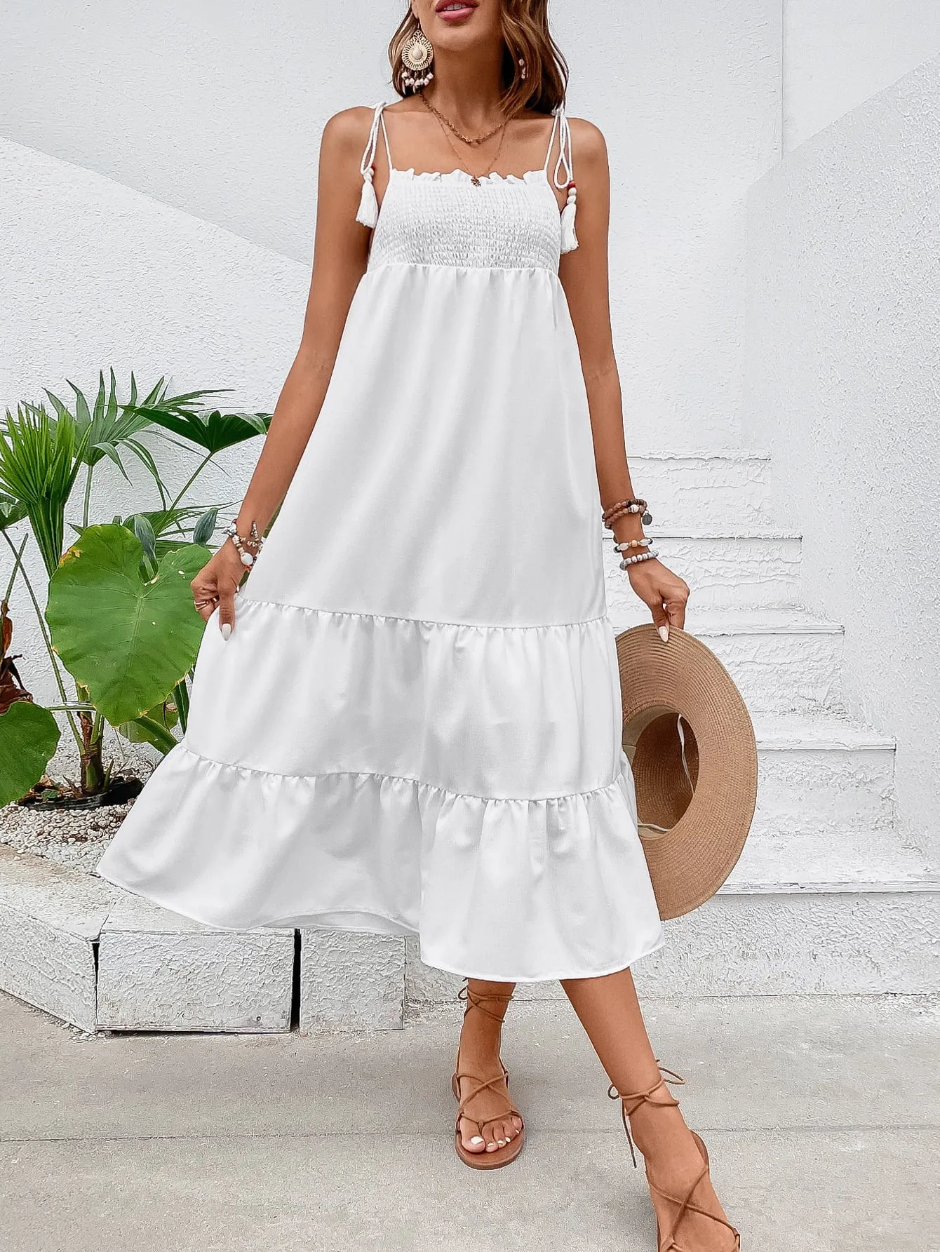 Tie-Shoulder Smocked Tiered Dress