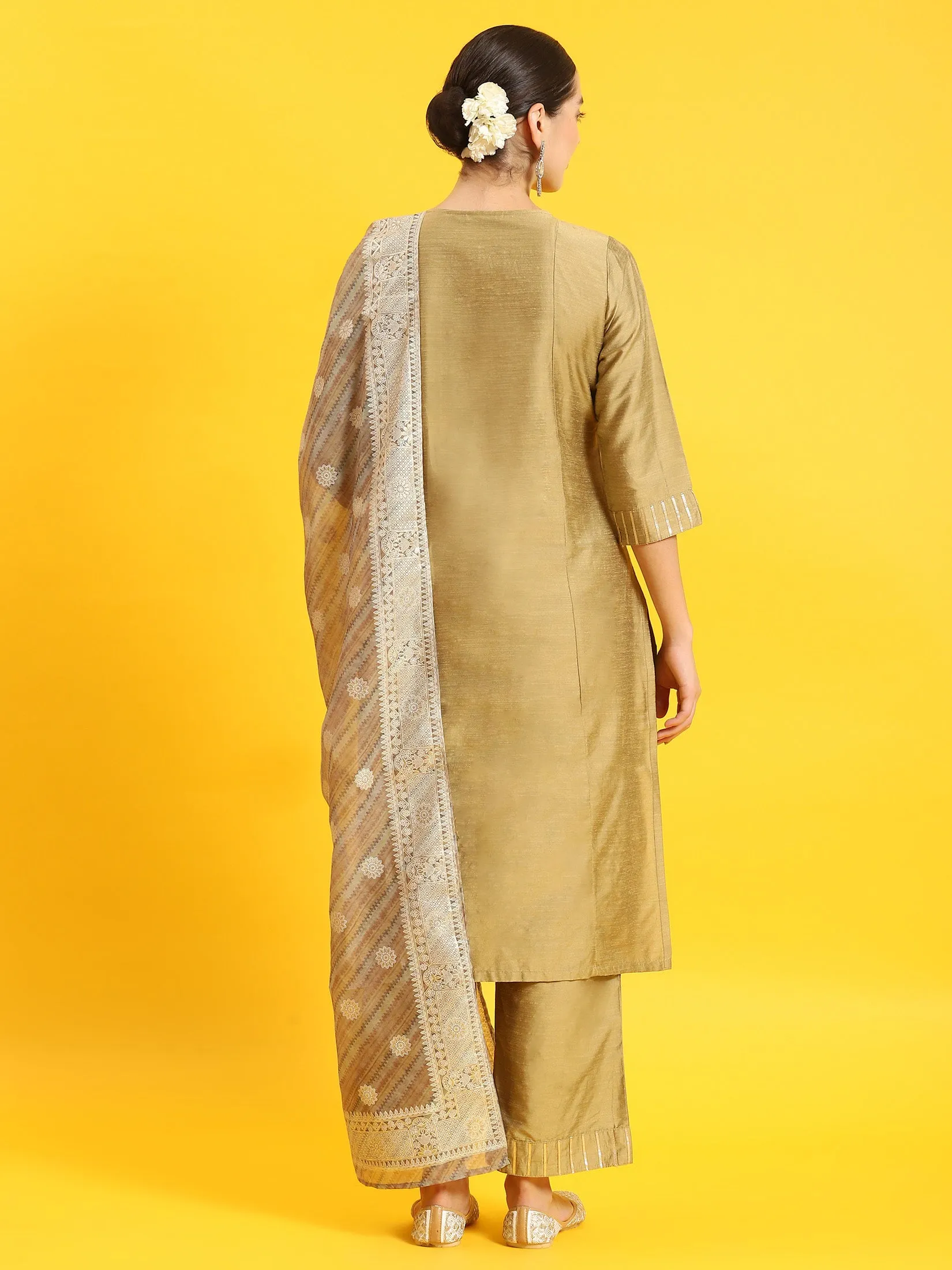 Women Olive Embroidered Kurta Trouser Dupatta